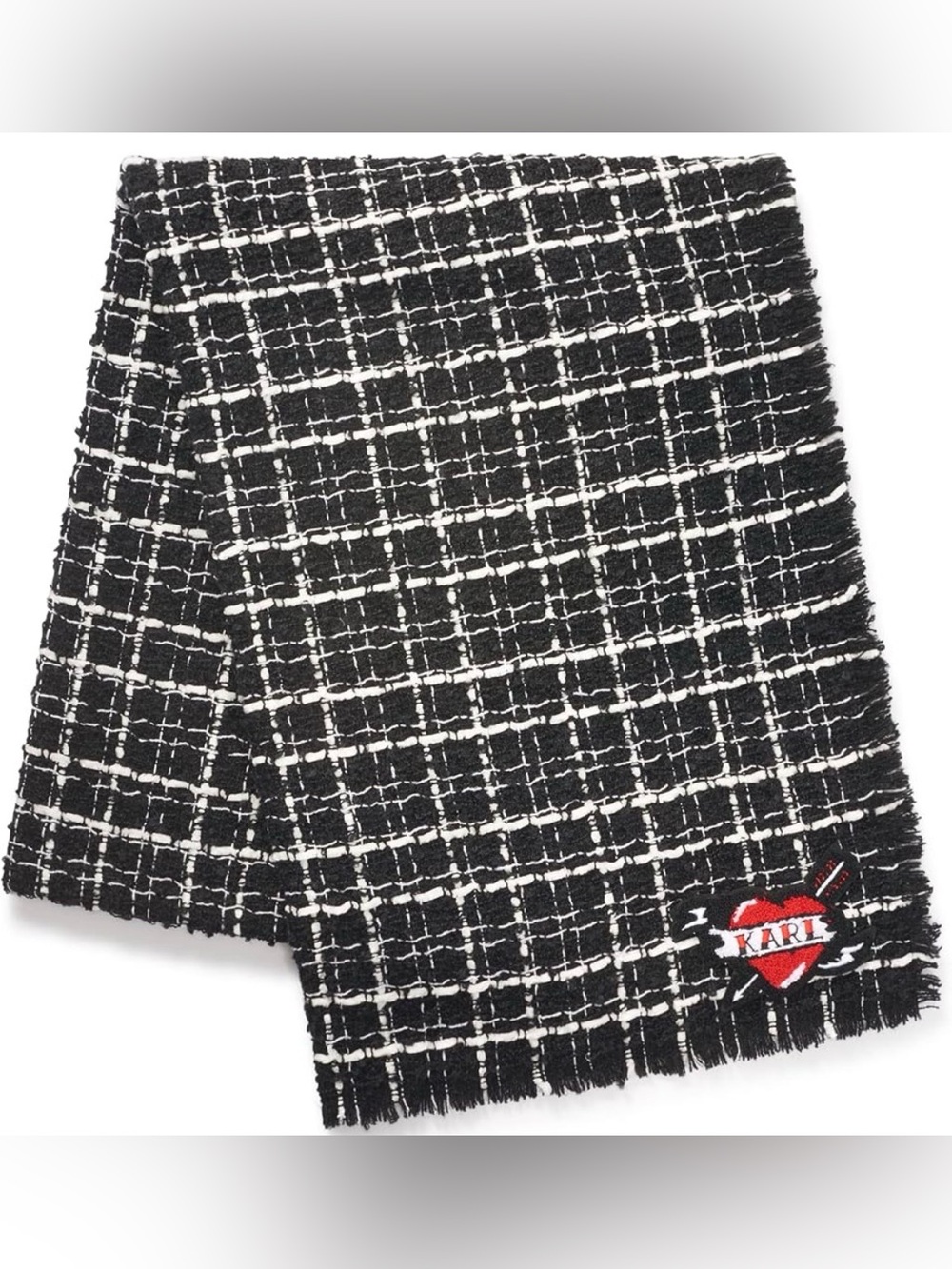 Karl Lagerfeld Black & White Grid Tweed Scarf with Heart Patch NWOT